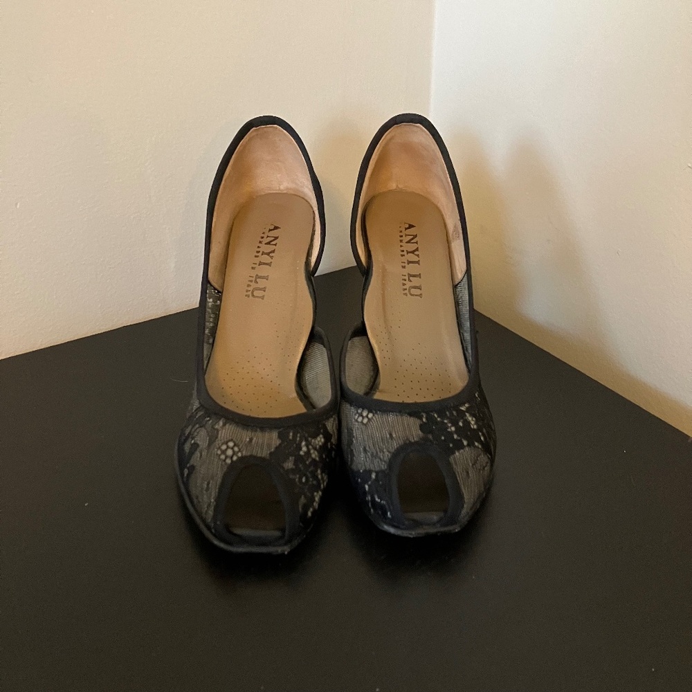 Black Lace Peep Toe Heels
